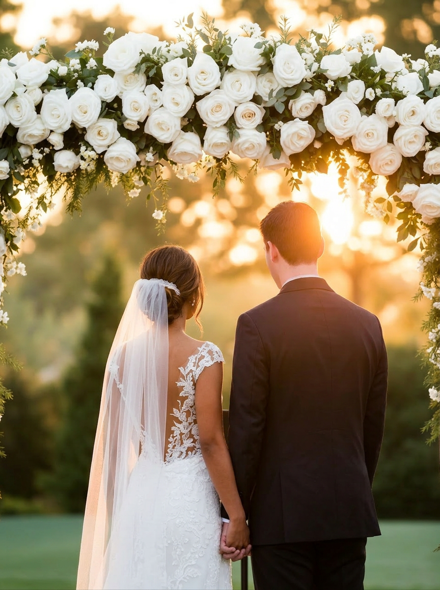 Bride and groom under a floral arch at golden hour