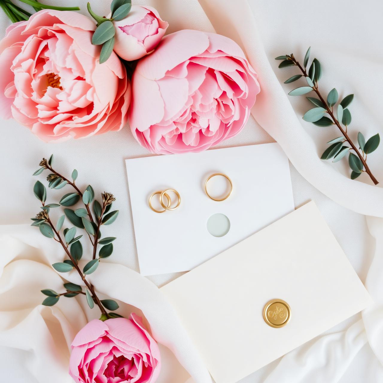 Flat lay of pink peonies, gold rings, and a wax-sealed envelope
